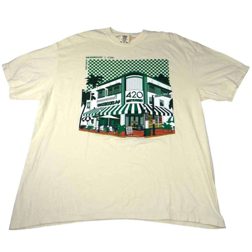 Comfort Colors Grassroots x Lzzie‎ 420 Restaurant Graphic T Shirt Mens 2XL Cream
